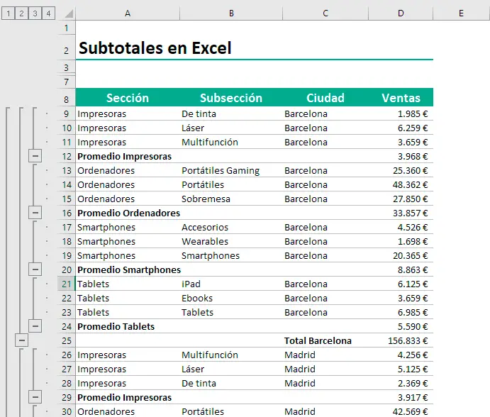 subtotales en Excel